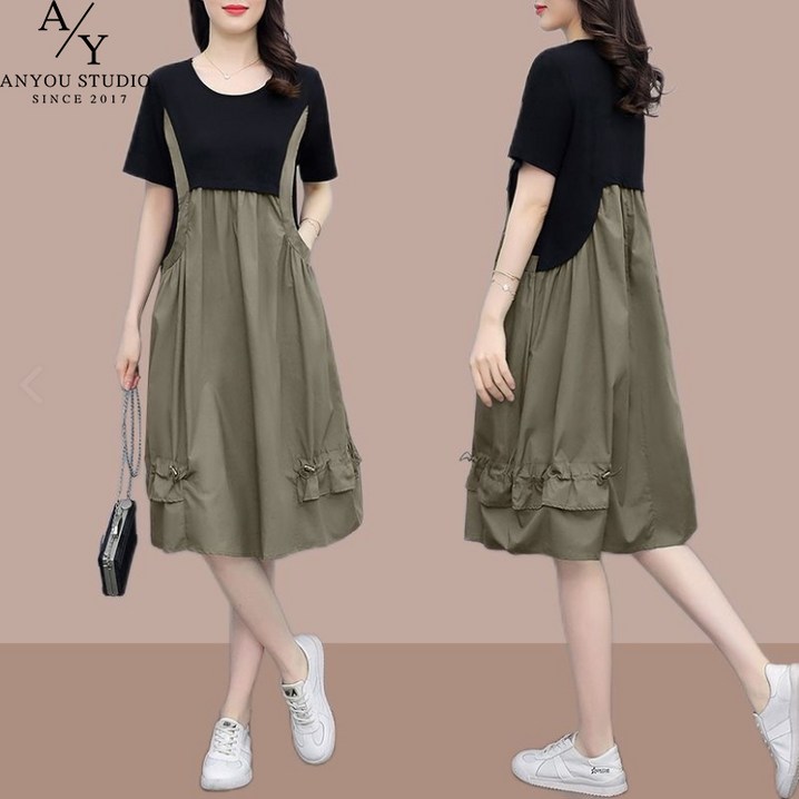 ANYOU 베이직 루즈핏 뷔스티에 롱원피스 소프트터치 반팔 카라 원피스