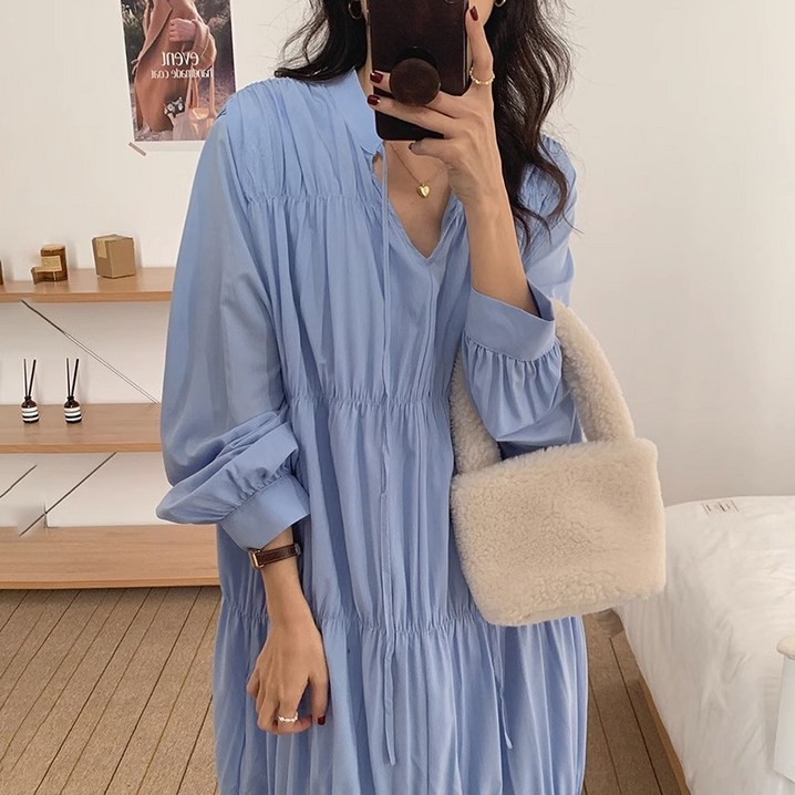 오버핏 밴딩 맥시 봄 롱원피스 2color 봄 가을루즈핏 브이넥 셔링 제이플로우