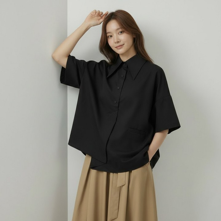 아뗄릭 여성용 로븐 카라 핀턱 루즈핏 셔츠 11342