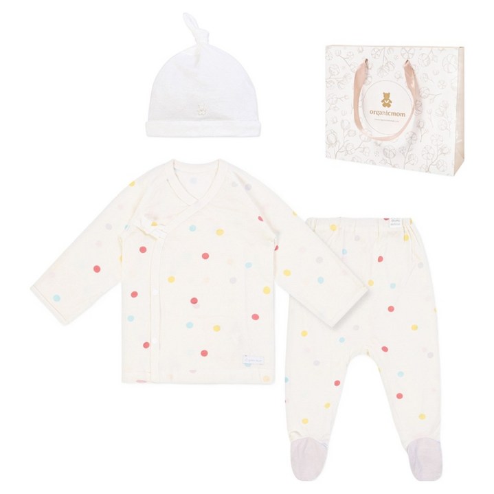 오가닉맘 신생아용 면 배냇저고리 + 발달이바지 + 신생모 + 목화 기프트백 세트