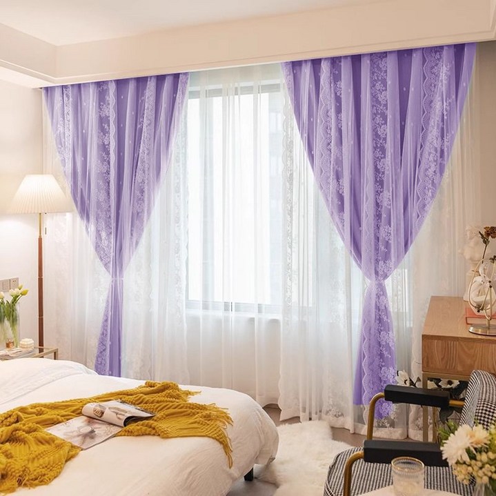 엑스터 후크형 프렌치 레이스 커튼 + 이중 암막 커튼 세트