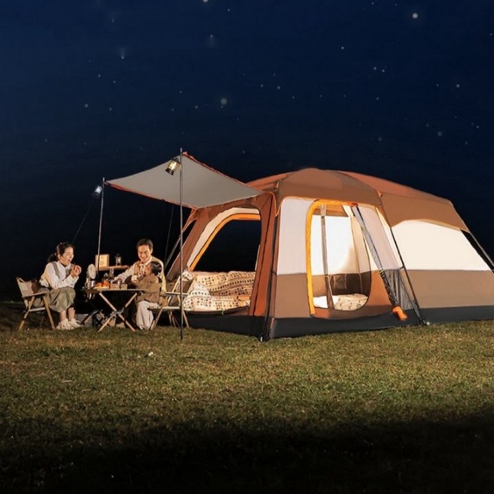 캠핑 그늘막 텐트 방 두 개와 거실 한 개 캠핑 텐트 아웃도어 원터치 텐트 장막 천막 텐트 원터치 46인용, 브라운