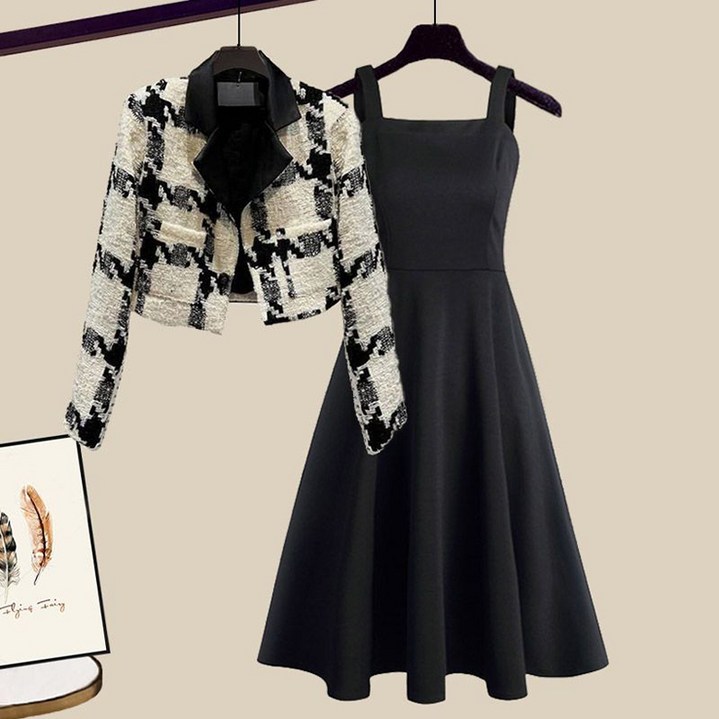 m-4xl 트위드 자켓 뷔스티에 롱원피스 투피스 클래식 예쁜 정장원피스세트 체크 숏코트+민소매 a라인 플리츠원피스 여성 하객룩