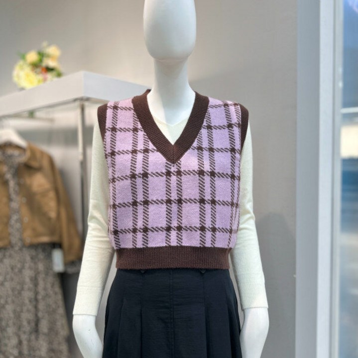 더틸버리 더틸버리  체크 브이넥 크롭 니트베스트MTP9N1VT01WDG