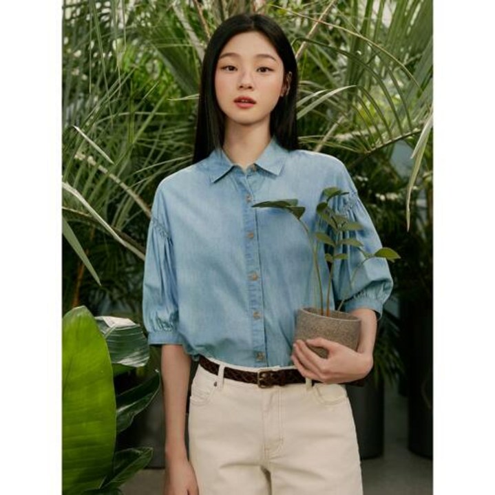 빈폴레이디스 Green 소매 볼륨 헤지 데님 블라우스 블루 BF3565N01P
