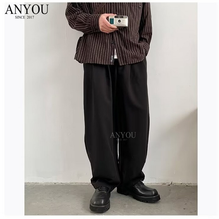 ANYOU 남성 와이드 슬랙스 투턱 와이드핏 정장 바지 봄가을 루즈핏 스트레이트 캐주얼 팬츠