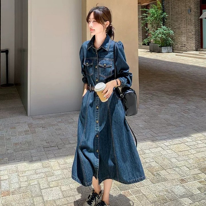 POMTOR  긴팔 버튼 벨트 롱 여성 데님 원피스