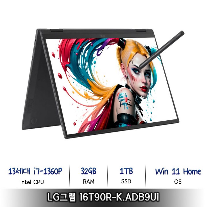 LG 전자 LG그램 2023 16인치 360 16T90R i7-1360P/ 32GB / 1TB / WIN11 터치스크린, 16T90R-K.ADB9U1, WIN11 Home, 32GB, 1TB, 코어i7, 블랙