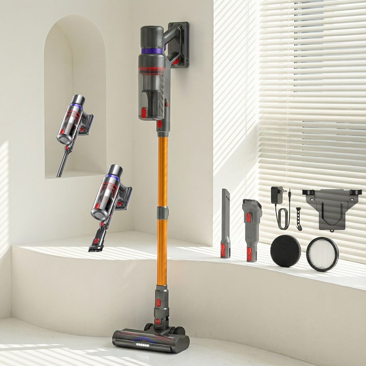 2025년형 HOMPANY 무선청소기 45Kpa 550W LED 터치 ,반려동물 털 무선 카펫,차이슨,탈착식 배터리 ,스마트 터치 스크린, 82200mAh, SmartVac 11, 금색