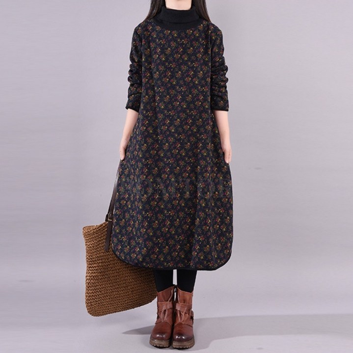 POMTOR 여성 루즈핏 빅사이즈 하이넥 플라워 미디 기모 원피스
