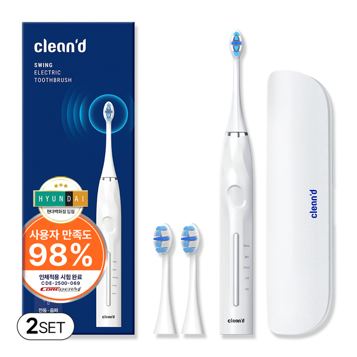 클린디 회전음파 전동칫솔 스윙45 FDA 인증완료 칫솔모 유럽 ROHS 인증 45도 바스법 플라그 제거 효과 IPX7 방수, 2개, 화이트, 단일상품 클린디 회전음파 전동칫솔 스윙45 FDA 인증완료 칫솔모 유럽 ROHS 인증 45도 바스법 플라그 제거 효과 IPX7 방수, 2개, 화이트, 단일상품