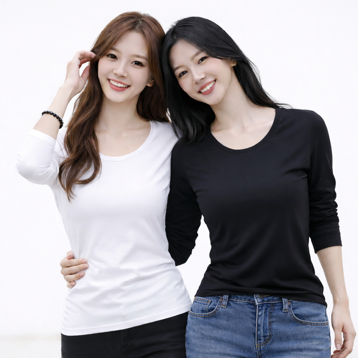 히트그램 1+1 여성 기본 긴팔 레이어드 슬림핏 티셔츠