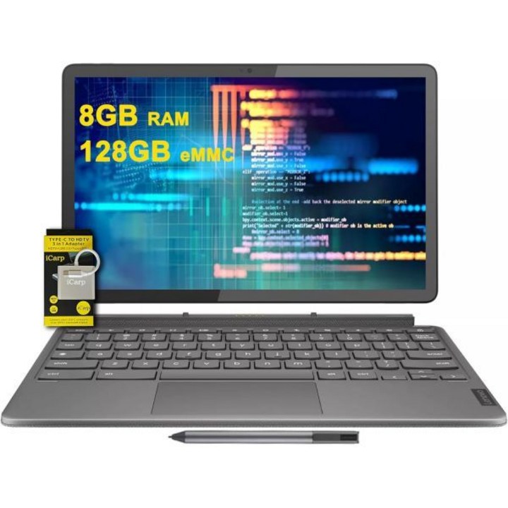 레노버 크롬북 듀엣 3 11인치 2in1 태블릿 노트북, 8GB RAM, 128GB eMMC, 그레이  탈착식 키보드, QHD 터치스크린, 8코어 퀄컴 CPU, USI 펜