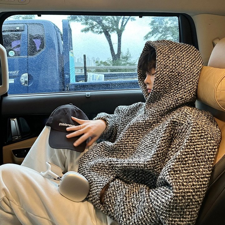 FANSYLI 트위드 후드 맨투맨 남성 봄가을 신상 루즈핏 맨투맨 캐주얼 긴팔 티셔츠 W2507J23