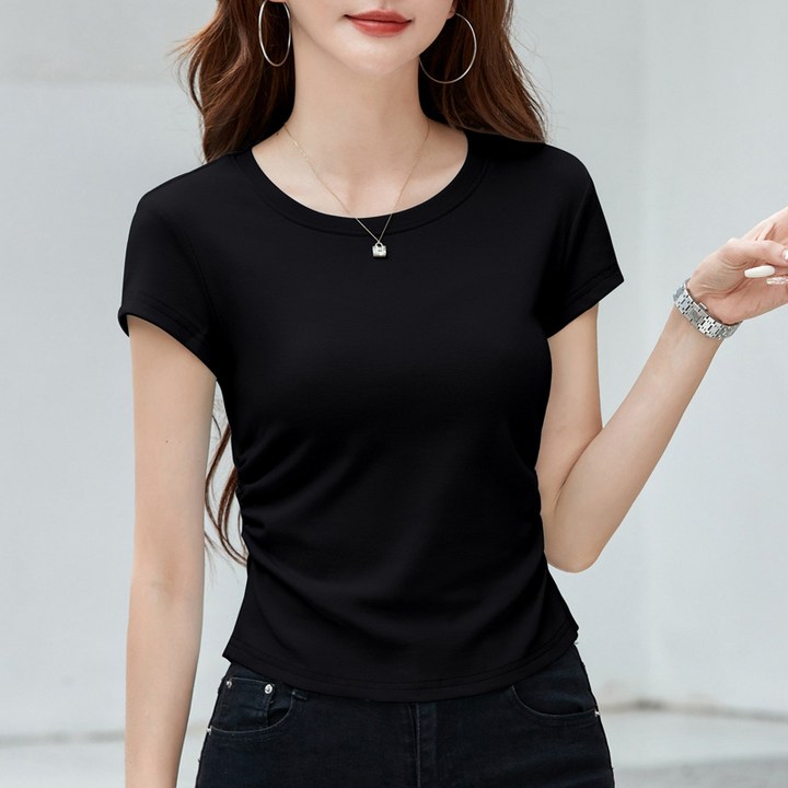 이매력 여성 무지 캐주얼 옆셔링 라운드넥 슬림핏 면스판 이너 반팔티 496