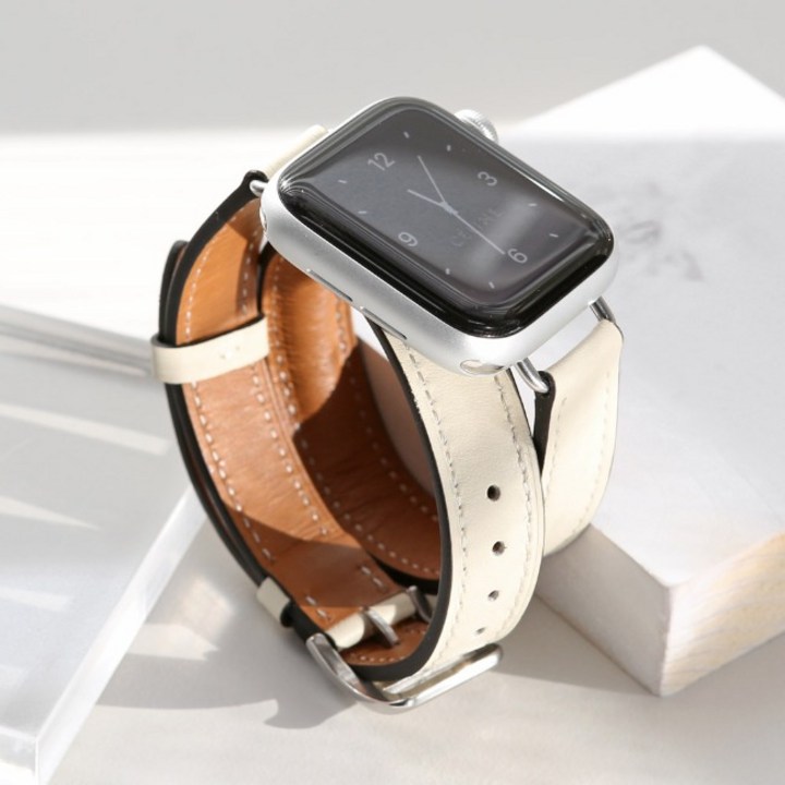 애플워치 호환 슬림 더블투어 가죽 스트랩 7 6 5 SE 40 41 44 45mm, 크림, 1개