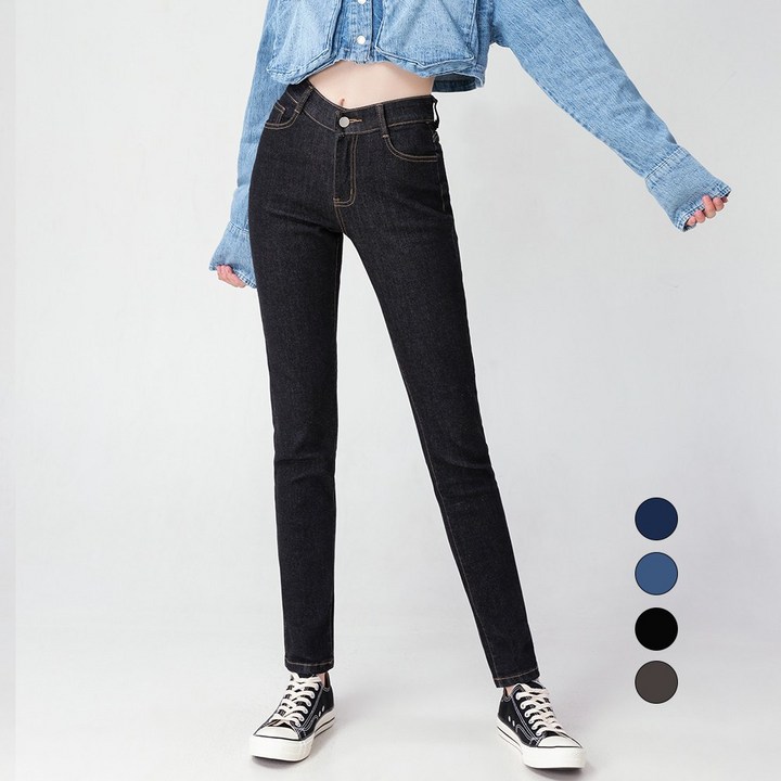 엘블로썸 여성 겨울기모 스판좋은 히든밴드 슬림일자 청바지 기본롱