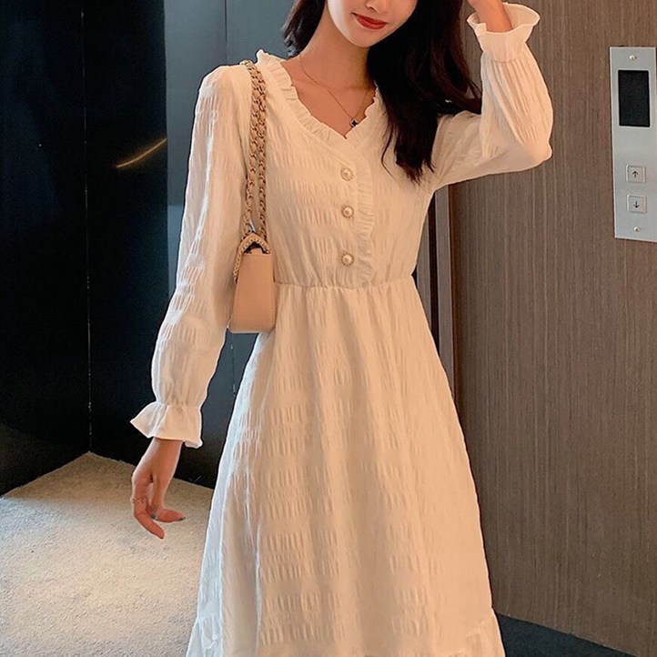 구디프 여성용 러블리 스모크 프릴 브이넥 원피스 구디프 여성용 러블리 스모크 프릴 브이넥 원피스