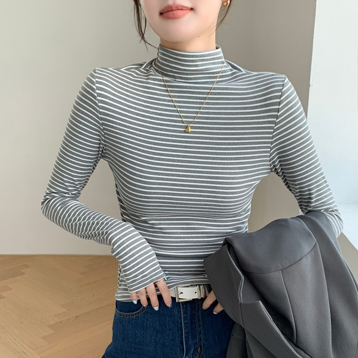 여신 여성용 베이직 스트라이프 하프넥 목폴라 티셔츠