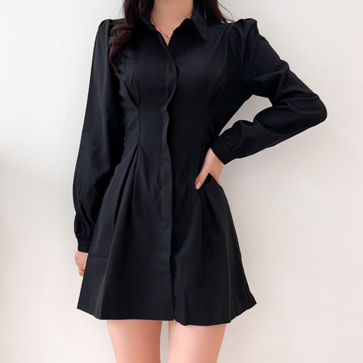 투디 퍼프 핀턱 플레어 셔츠 미니 원피스 허리밴딩, 3color