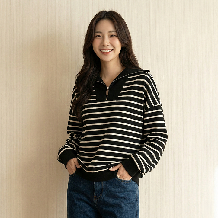 데일로엔 여성 스트라이프 긴팔 반집업 카라 스웨트 티셔츠