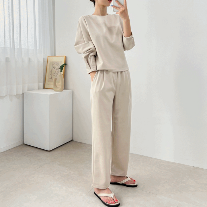 set 마랑 데일리 핀턱 티셔츠 세미 와이드 밴딩 팬츠 트레이닝 세트 3color