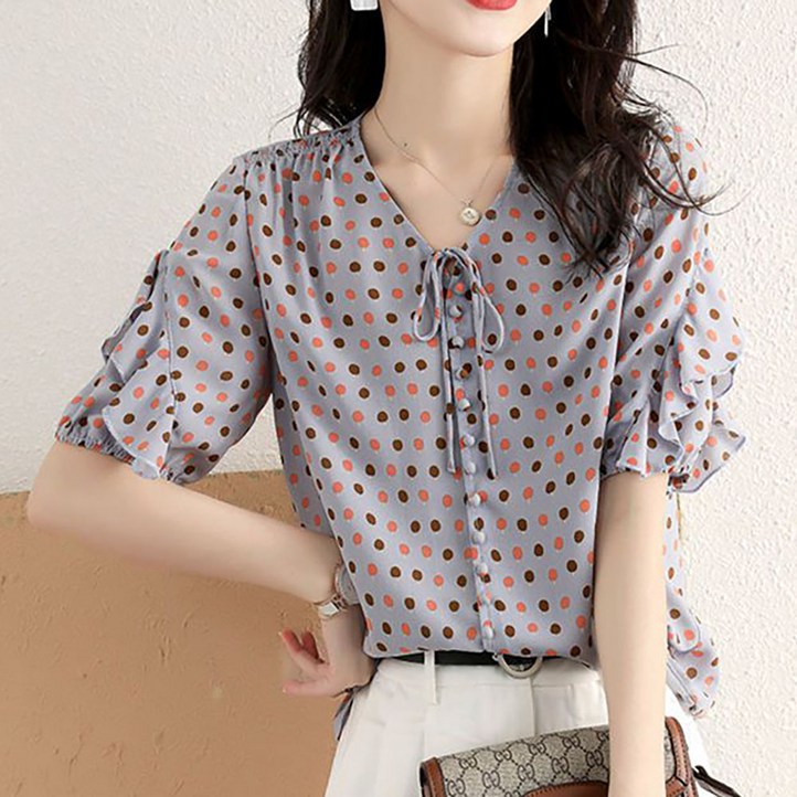 IWMAFT 여자 데일리 쉬폰 블라우스 브이넥 프릴 소매 디자인 TY64