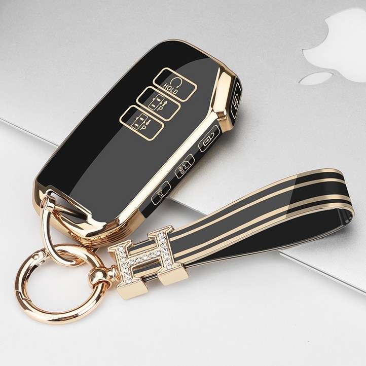 키에티 기아 호환 K8 GL3 셀토스 7버튼 키케이스  H큐빅 키체인, 골드블랙