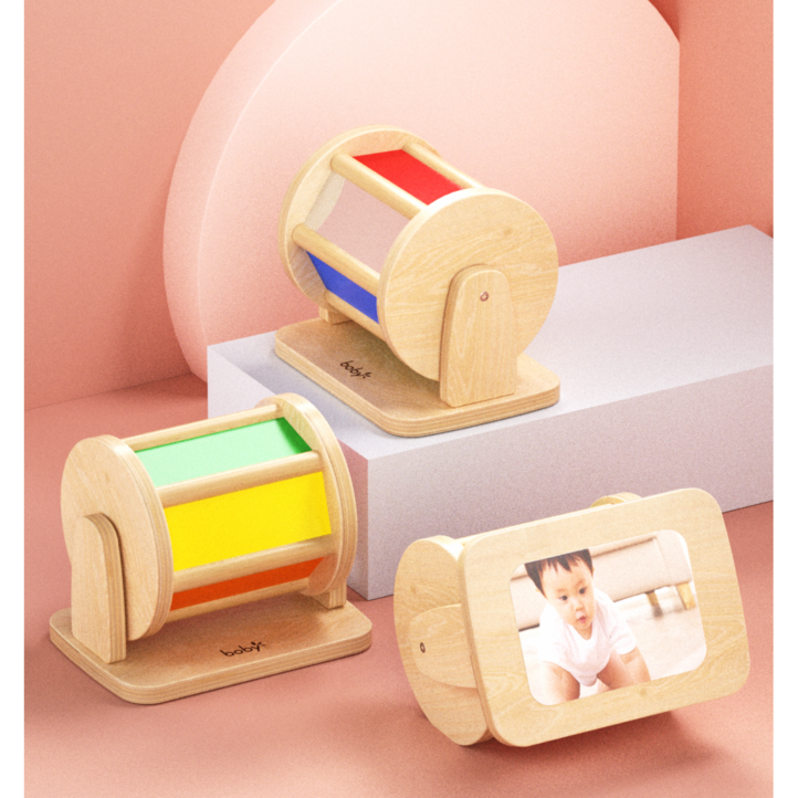 토이맘모스 몬테소리 원목 교구 스피닝 드럼 대근육 소근육 발달 베이비 토들러 가베 감각 거울 터미타임