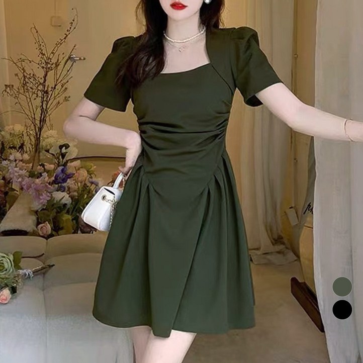 라라벨 여성용 원피스 로맨틱 스퀘어넥 퍼프 셔링 미니멀 원피스