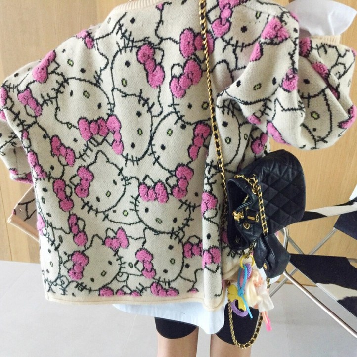 아이미마인  빅캣 프린팅 패턴 리본부클 니트가디건 2color