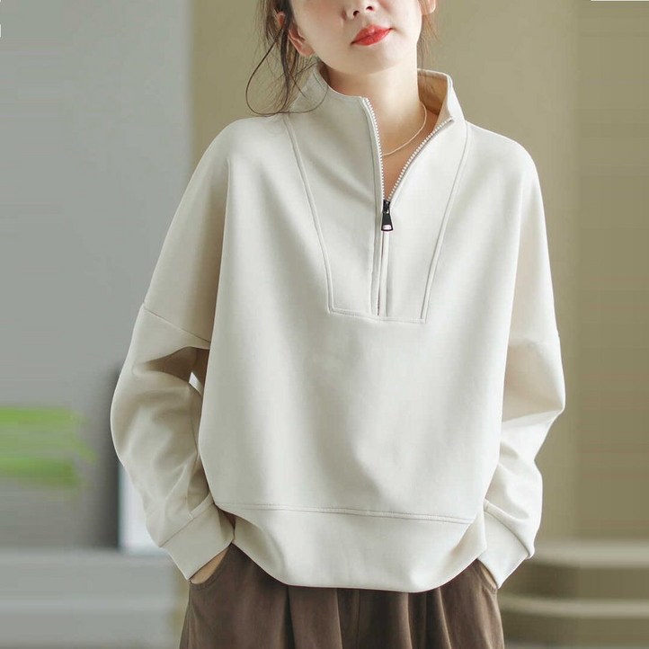 녕동 빅사이즈 여성 심플 반집업 맨투맨 루즈핏 캐주얼 긴팔 티셔츠  상의 봄가을