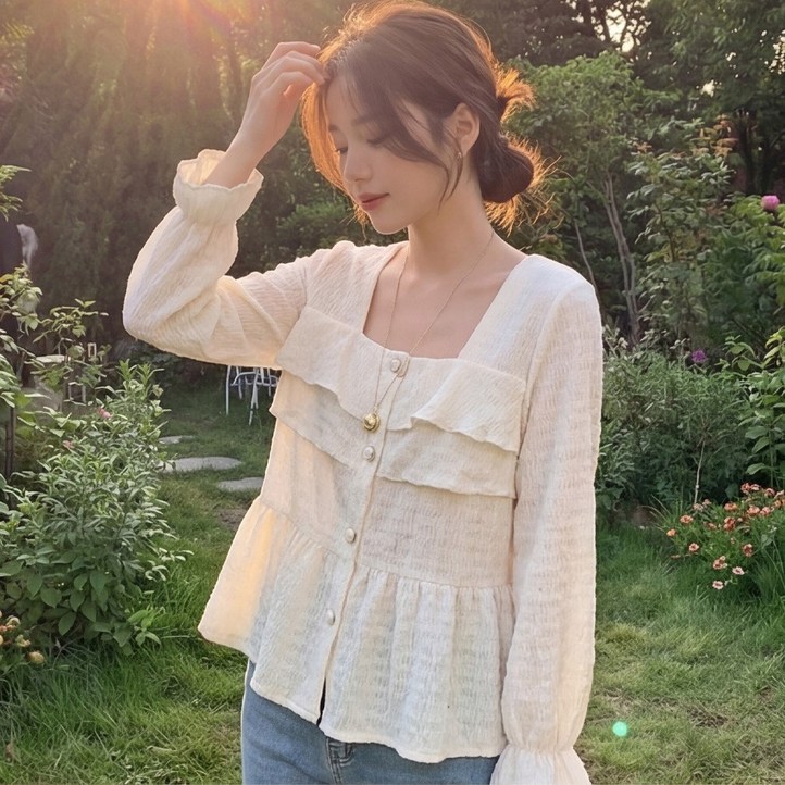 B1781 란티슈 빅사이즈 여성 프릴 스퀘어넥 블라우스 봄가을용