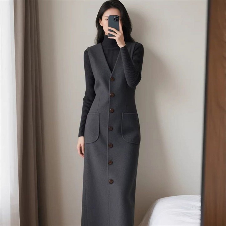 AOKADA 여성 겨울 봄 루즈핏 모직 재질 민소매 조끼 원피스