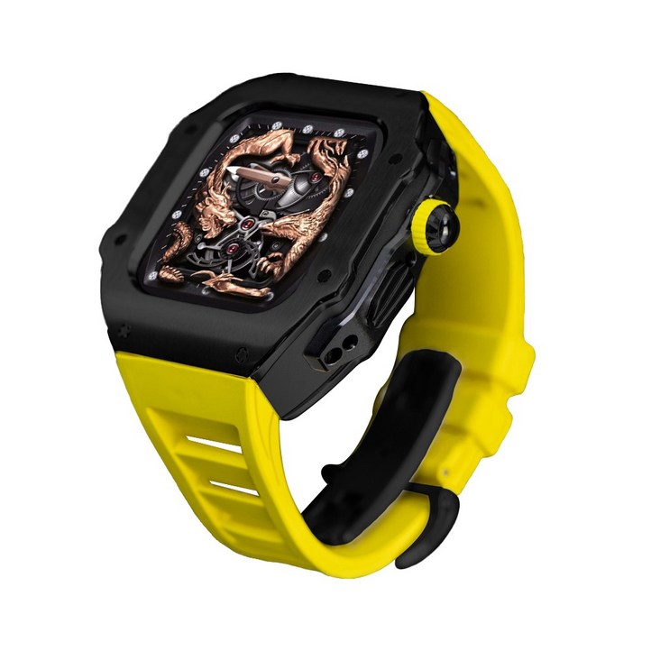 애차드밀 스틸 메탈 케이스 불소 고무 스트랩 밴드 호환 애플워치 울트라2 49 mm 시리즈 9 8 7 45 mmSE 시리즈 6 5 4 44mm, 블랙옐로우