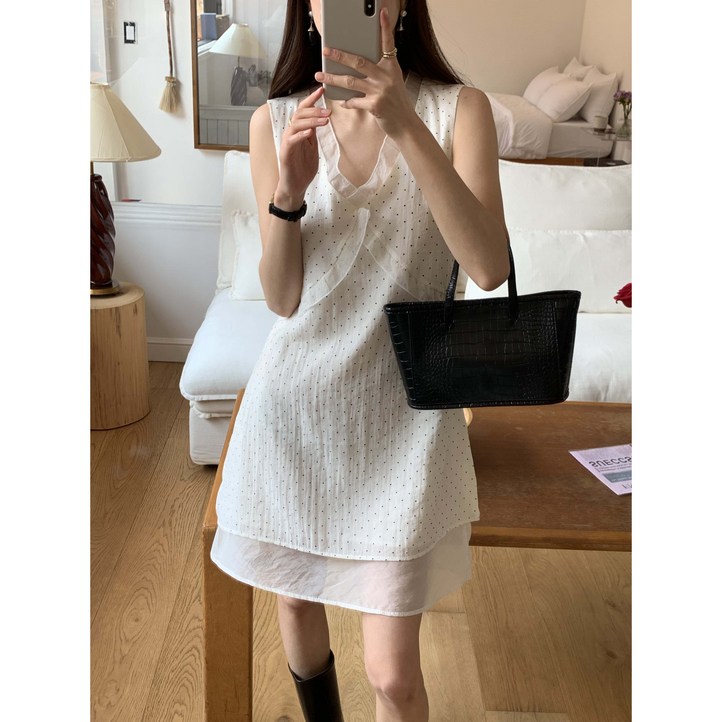 루어스룸 클라렛 봄 레이어드 새틴 브이넥 하객룩 미니 원피스