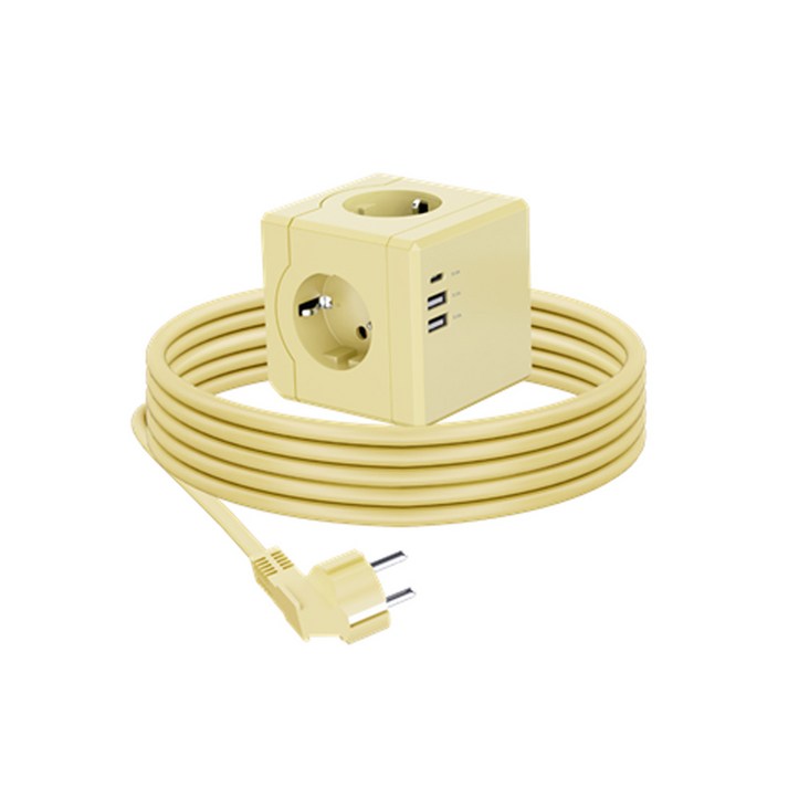 큐브 디자인 USB 3구 고용량 4000W 멀티탭 멀티 콘센트 전선형 3M USBA 2개 C타입 1개, 1개, 옐로우, 3m