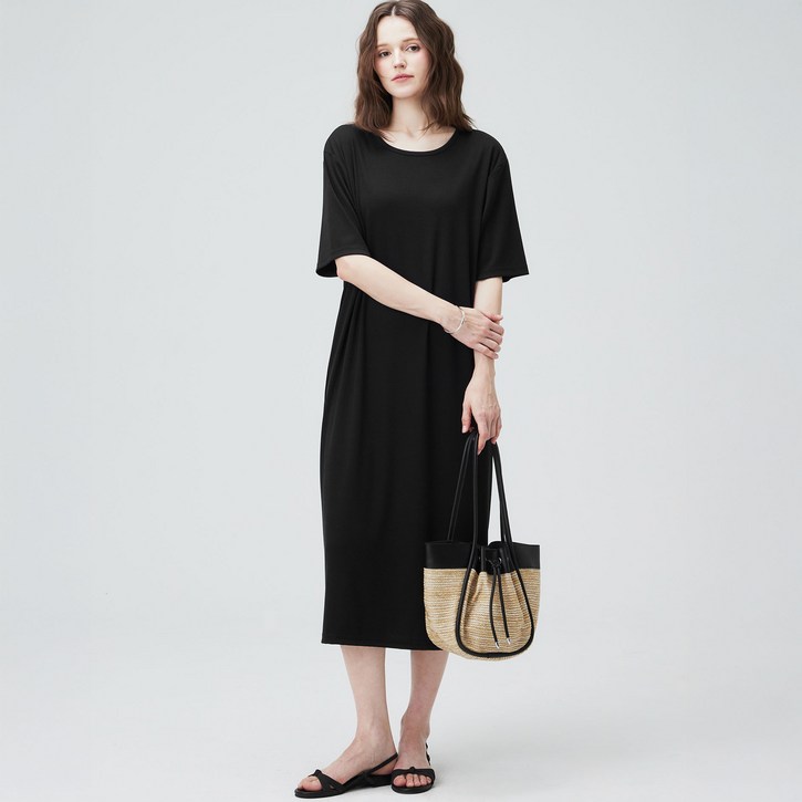 ELLEPARIS 여성용 쿨터치 쫀쫀 스트레치 립 베이직 라운드넥 반팔 원피스