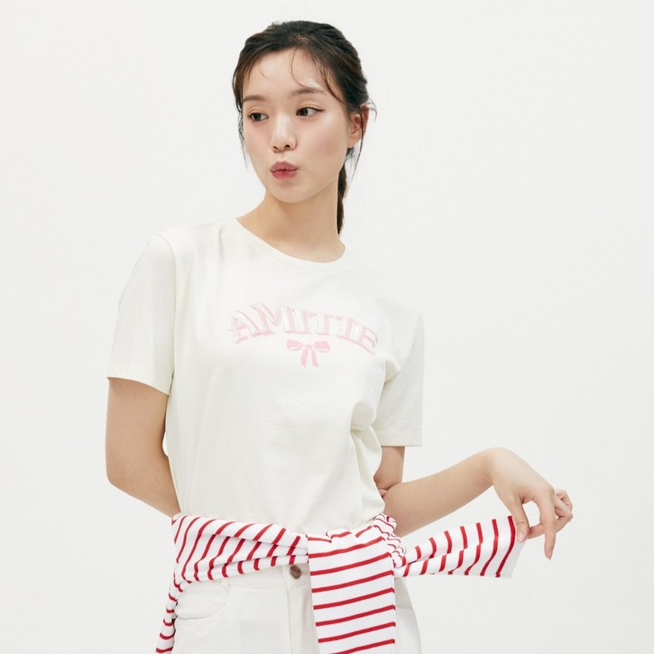 플라스틱아일랜드 여성용 스팽글 자수 레터링 티셔츠 PR2CH364