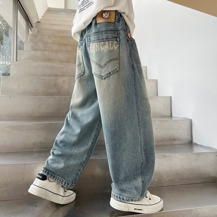 사사로이 남아 청소년 청바지 스트레이트 캐주얼 데님 와이드 핏