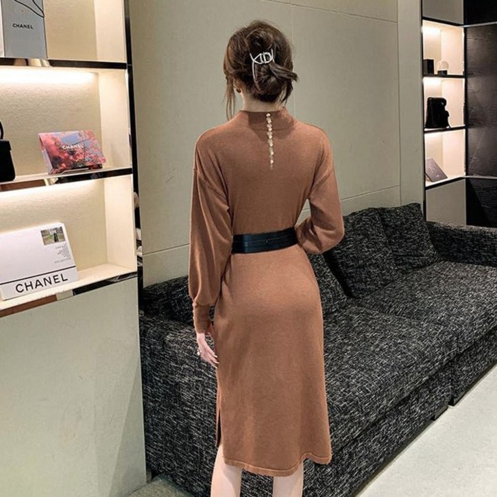 OSON 반목 니트 원피스 허리띠 포함 슬림 벌룬 소매 하객룩 롱 미디움 드레스