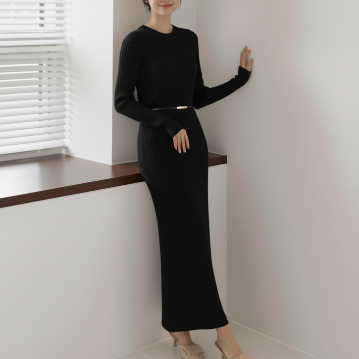 쁘띠엘라 발목기장 롱 원피스 라운드 골지 니트