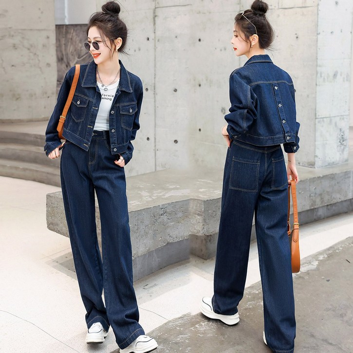 POMTOR 여성 클래식 데님세트 캐주얼 카라넥 데님 자켓  데님 일자바지 롱 팬츠 투피스