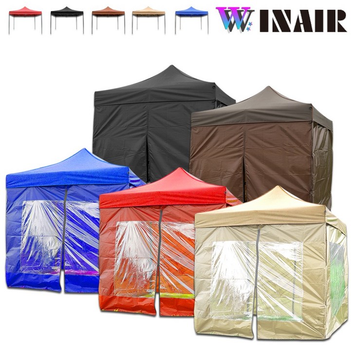 WINAIR 리뷰이벤트 국내 당일발송 프리미엄 끈타입 접이식 천막 지붕+프레임+바람막이(일반/투명) 행사용 캠핑용 방수 그늘막텐트
