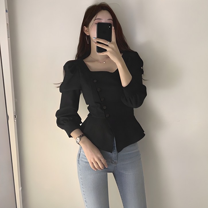 레티고 사선 단추 긴팔 블라우스