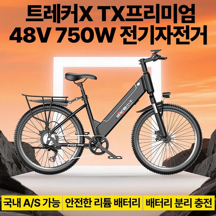 트레커X 힘좋은 전기자전거 750W 고출력 모터 고효율 배터리 탈부착 장거리주행 도시주행 레저용 전기바이크, 프리미엄750W10A, 하이텐강