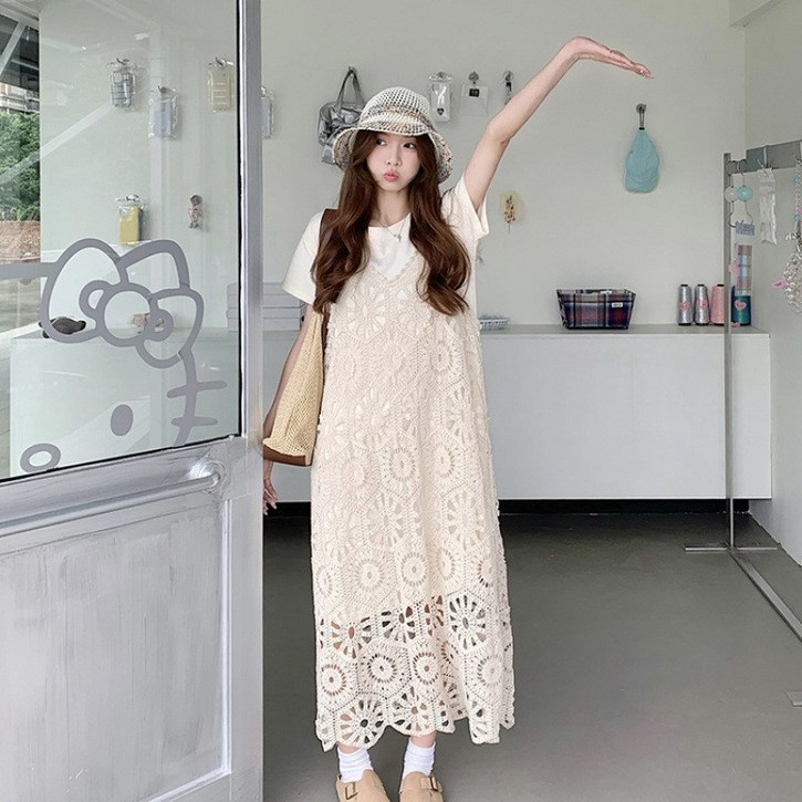 에쥬아 여성 펀칭 레이스 원피스 레이어드 스커트 여름 투피스 세트