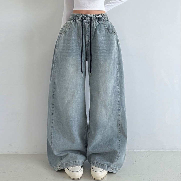 제이닝 사이드핀턱 당일[밑단스냅/기장선택/6COL] 가을 사이드 핀턱 밑단 스냅 투웨이 워싱 데님 팬츠 가을 신상 빈티지 하체커버 벌룬핏 청바지 빅사이즈 밴딩 와이드 키작녀 바지