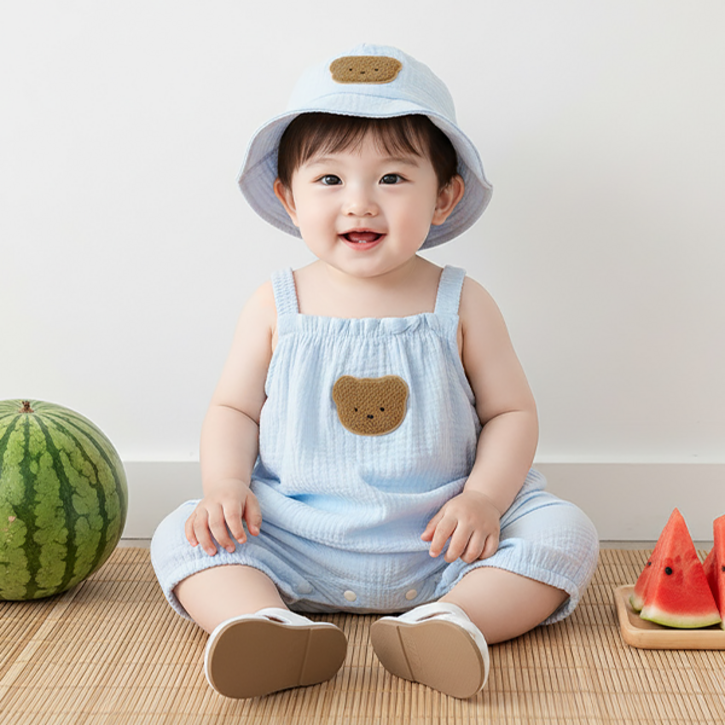 몽실이 거즈면 나시오버롤즈세트 가디건 모자 세트 귀여운 아기 여름 외출복