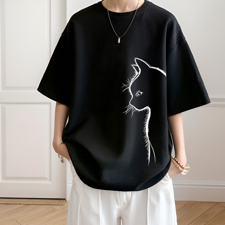 블랙초코 편안한 남여공용 고양이 반팔 티셔츠 프린팅 박스티 빅사이즈 오버핏
